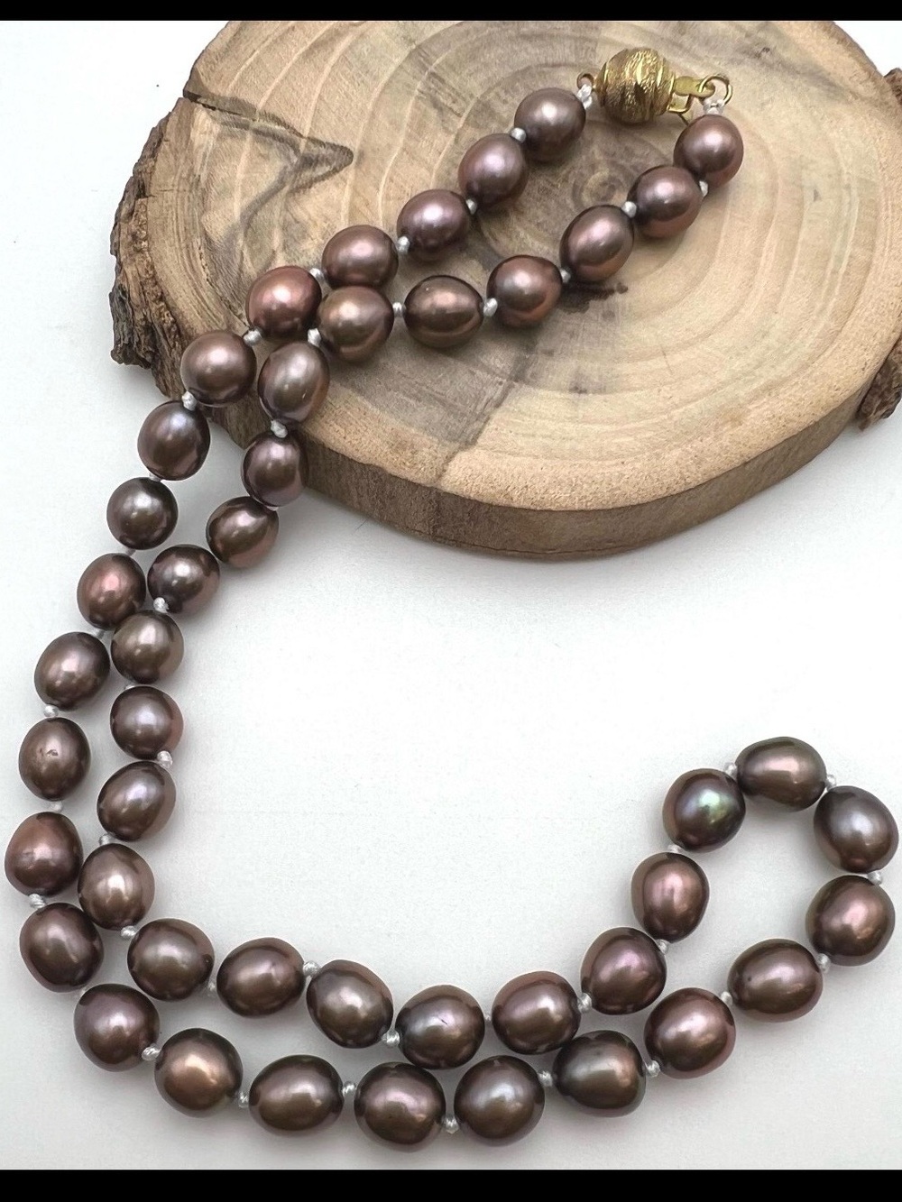 Vintage Peacock Plum Freshwater Pearl Necklace Knotted 18” Gold Clasp